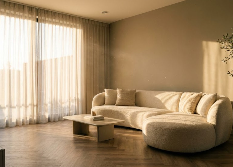 Desain ruang tamu estetik minimalis modern 2026 dengan sofa melengkung dan nuansa hangat.
