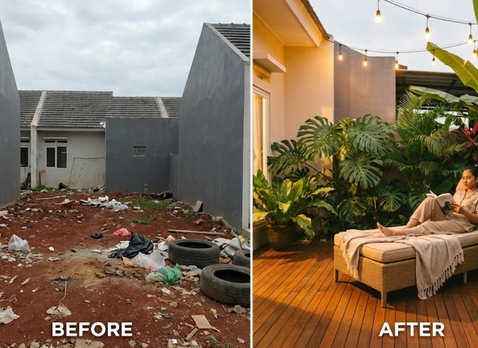 ransformasi taman rumah belakang dari lahan kosong menjadi spot healing estetik.