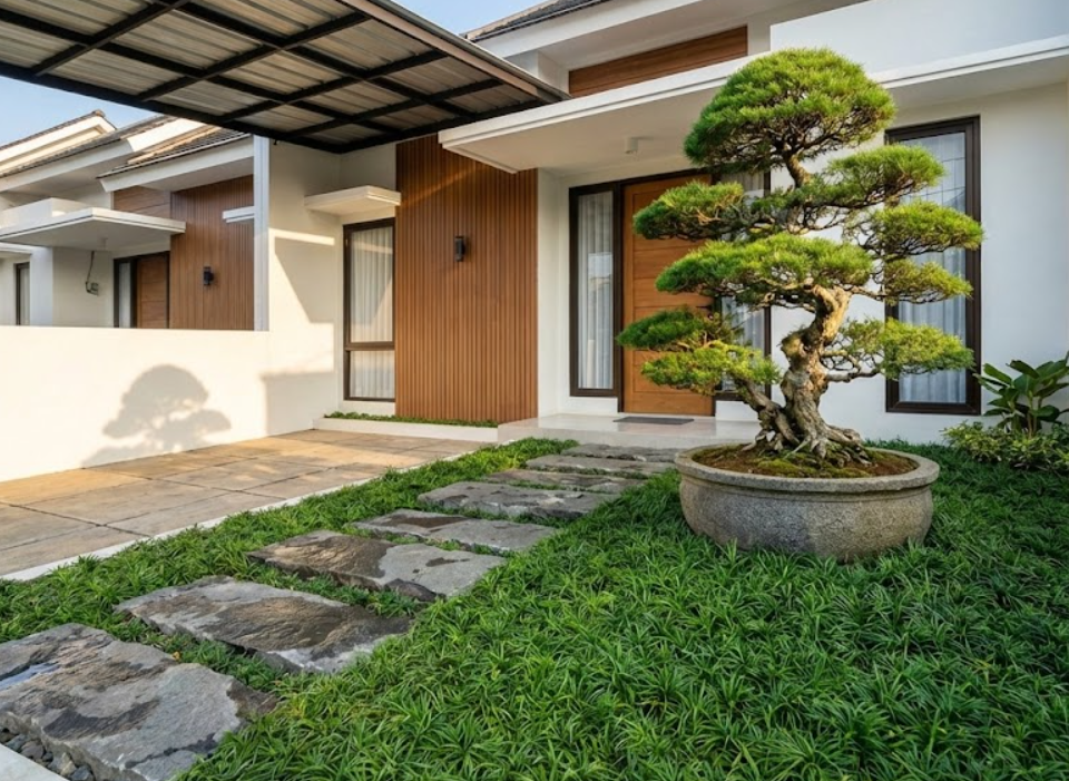 Desain taman minimalis depan rumah type 36 dengan rumput gajah mini.