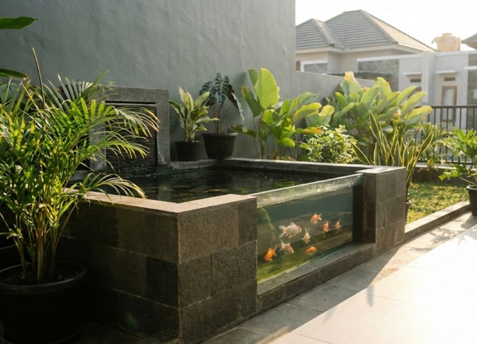 Desain kolam ikan depan rumah minimalis modern di lahan sempit dengan aksen batu alam.