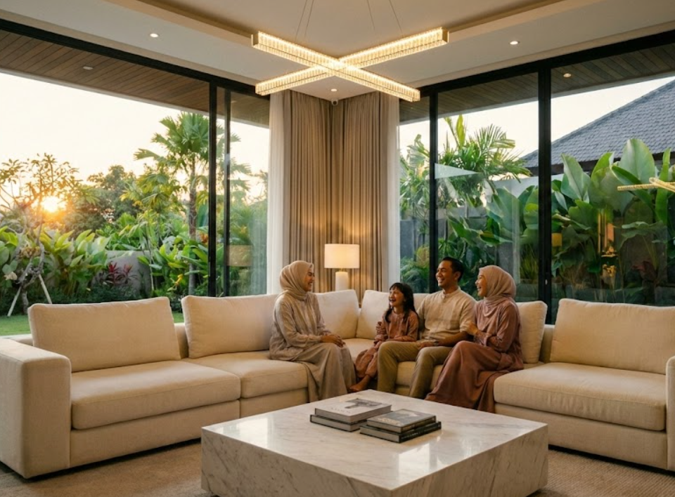Desain ruang keluarga mewah modern dengan jendela besar dan sofa minimalis elegan.