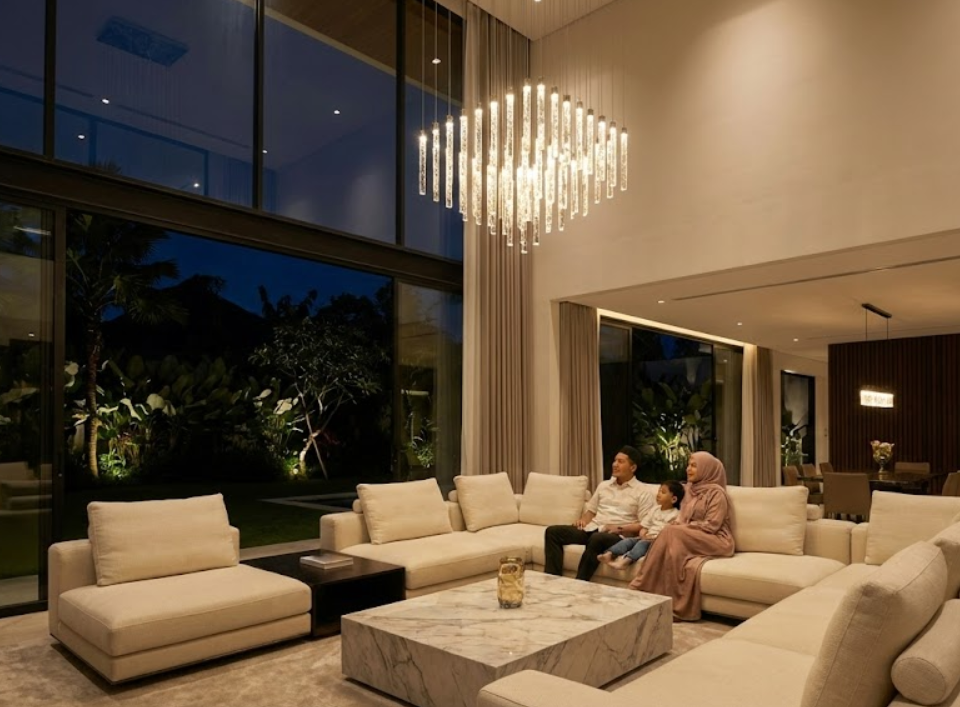 Desain ruang keluarga mewah modern dengan jendela besar dan sofa minimalis elegan.