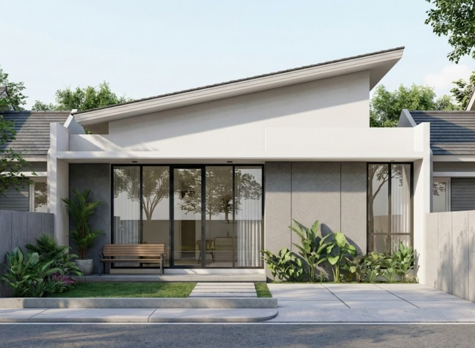 desain rumah sederhana minimalis modern dengan taman mungil depan rumah yang asri.