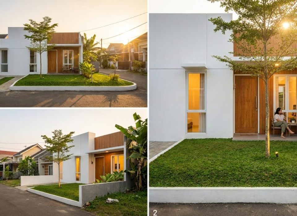 desain rumah sederhana minimalis modern di lahan sempit dengan taman kecil yang asri.