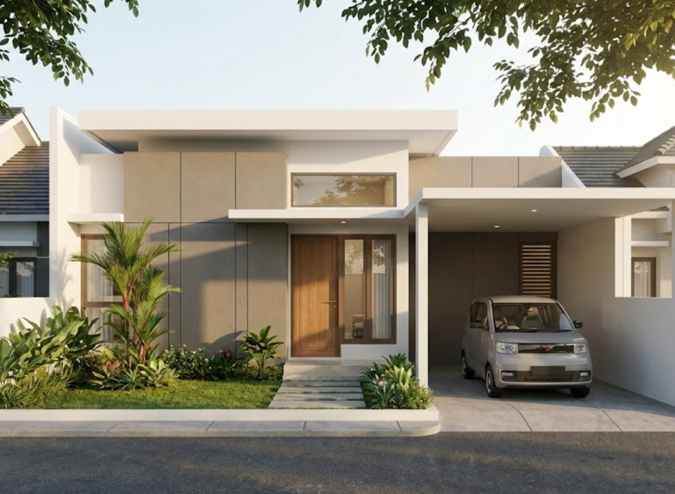 desain rumah sederhana tapi mewah dengan aksen kayu dan jendela besar.