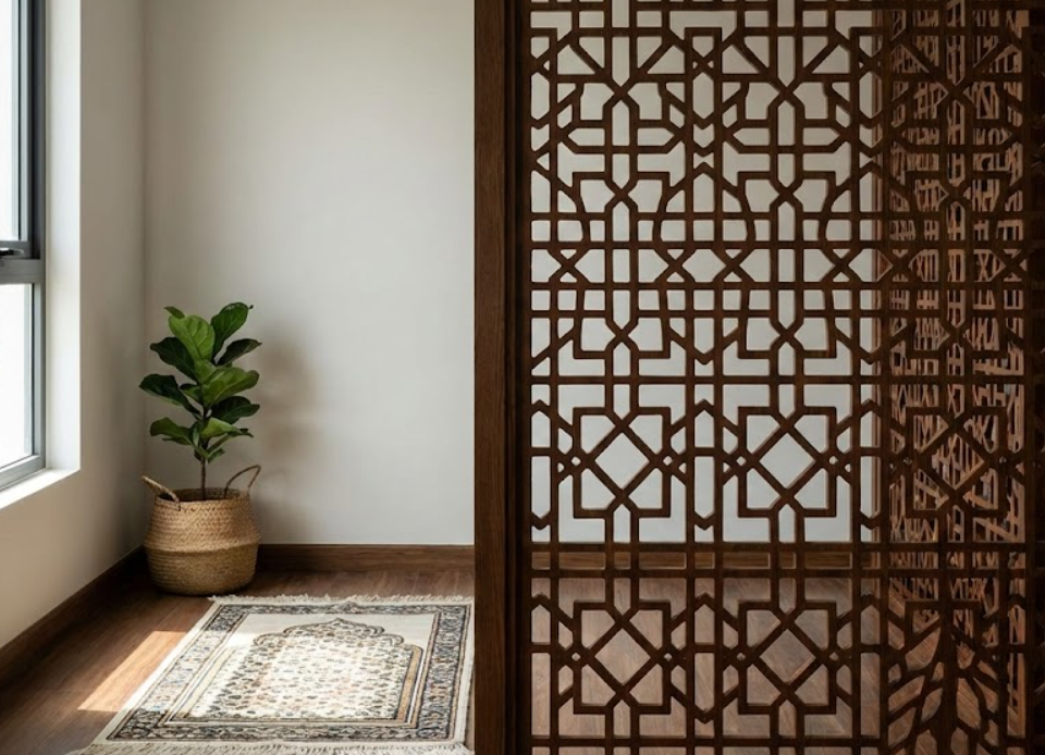 mushola rumah modern minimalis dengan pencahayaan hangat di lahan sempit.