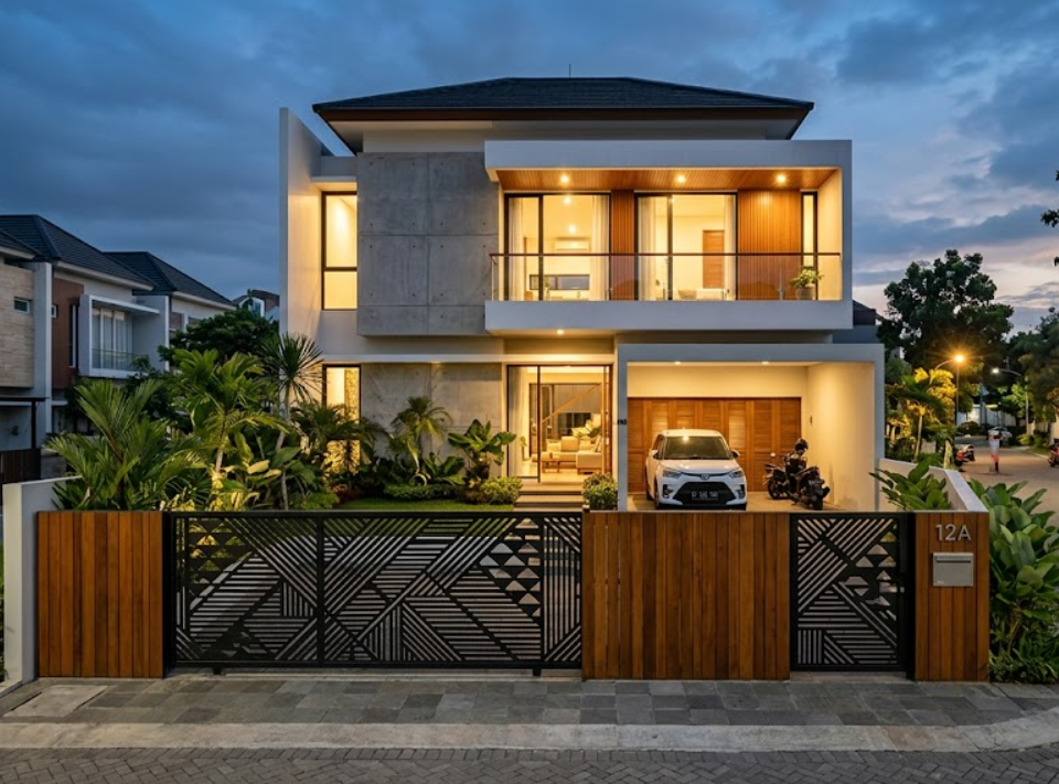 inspirasi pagar rumah minimalis modern dengan teknologi laser cut dan kayu jati.