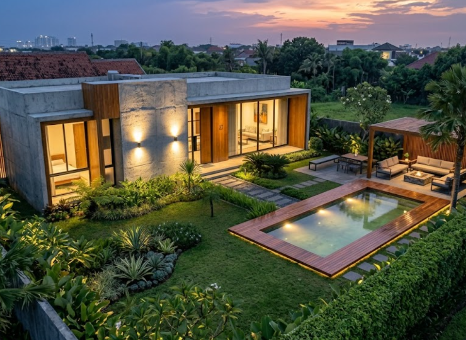 inspirasi fasad rumah minimalis modern dengan pencahayaan hangat yang estetik.