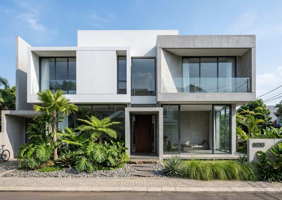 inspirasi fasad rumah minimalis modern dengan pencahayaan hangat yang estetik.
