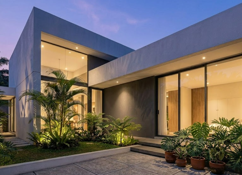 inspirasi fasad rumah minimalis modern dengan pencahayaan hangat yang estetik.