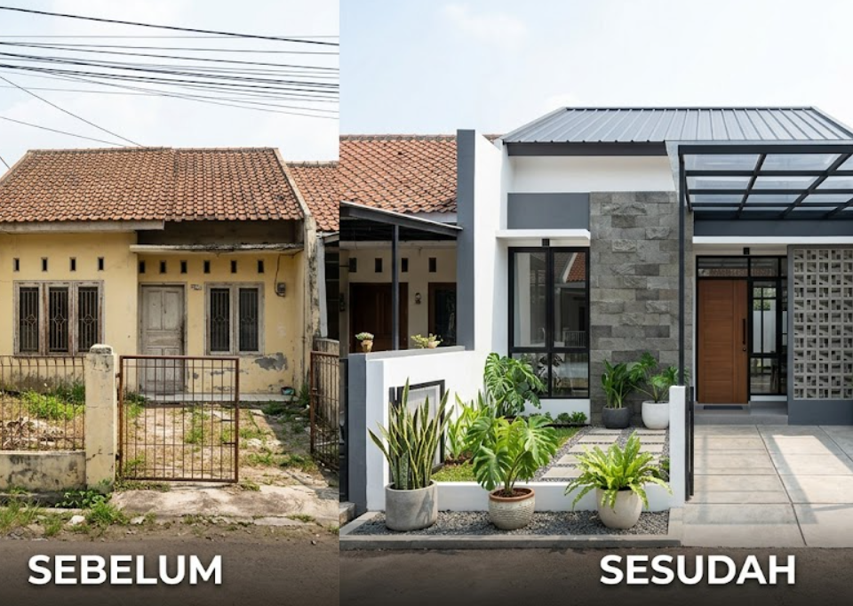 Renovasi fasad rumah minimalis modern sebelum dan sesudah dengan aksen kayu.