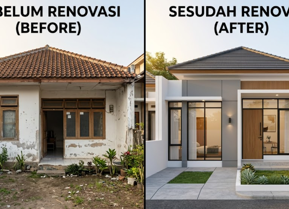 renovasi rumah 1 lantai konsep open space dengan pencahayaan alami yang maksimal.