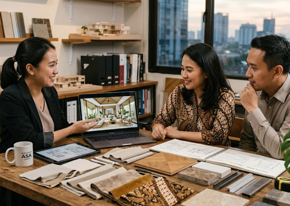 Jasa interior rumah profesional sedang berdiskusi dan menunjukkan rencana desain kepada klien di ruang keluarga modern.