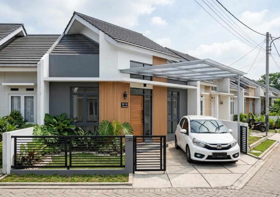 renovasi rumah subsidi tampak depan minimalis dengan taman kecil dan pagar.