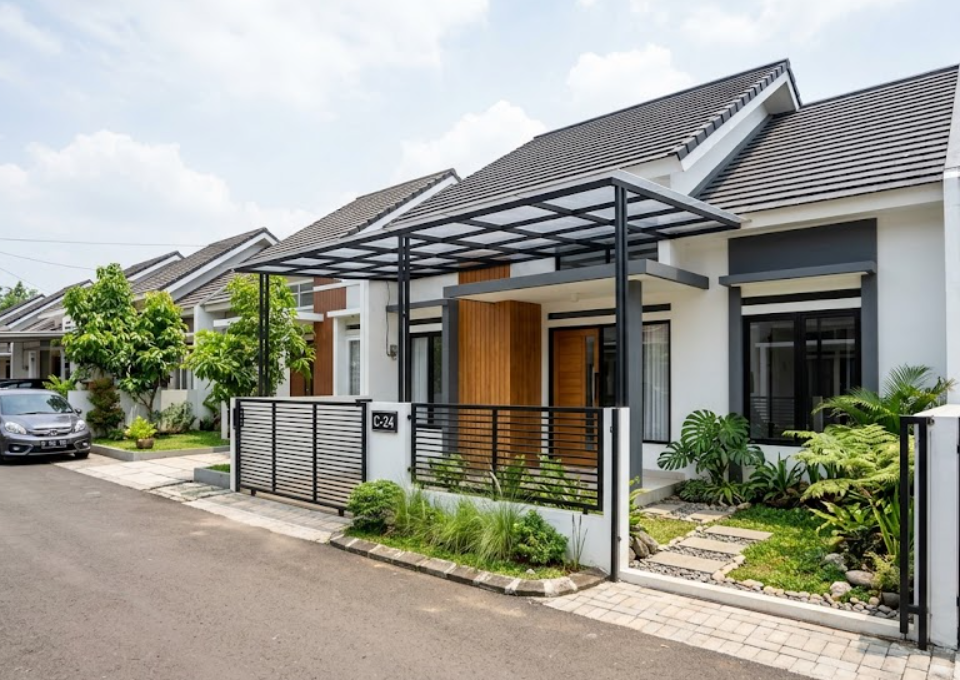 renovasi rumah subsidi tampak depan minimalis dengan taman kecil dan pagar.
