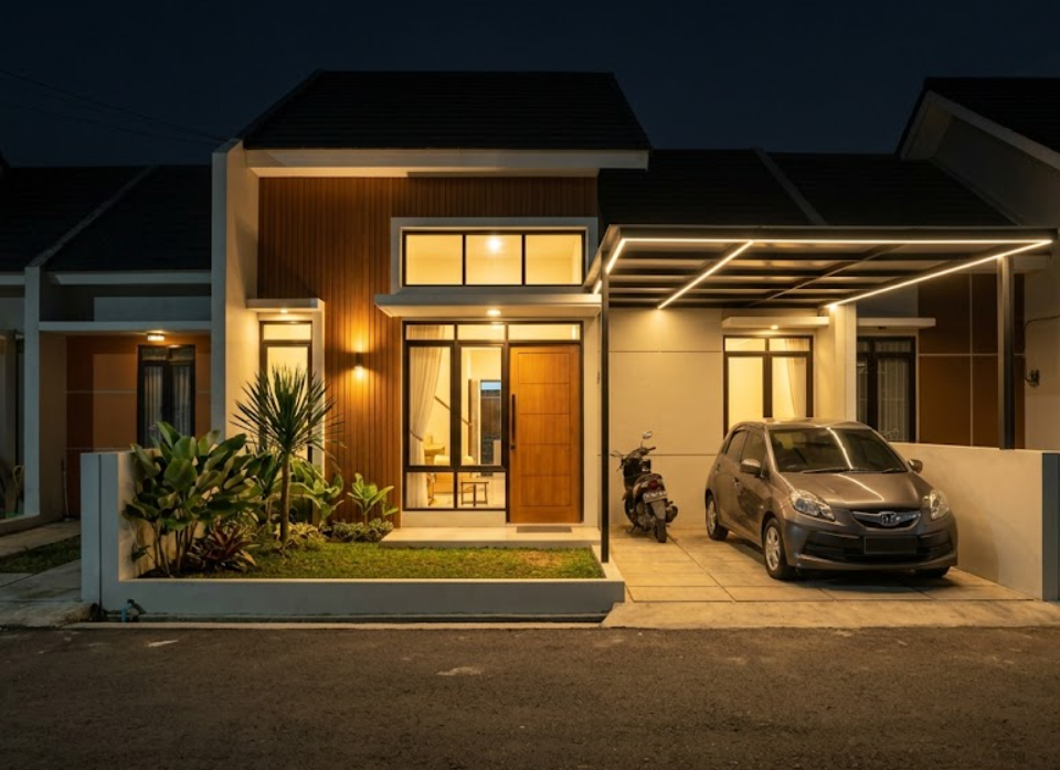 renovasi rumah subsidi tampak depan minimalis dengan taman kecil dan pagar.