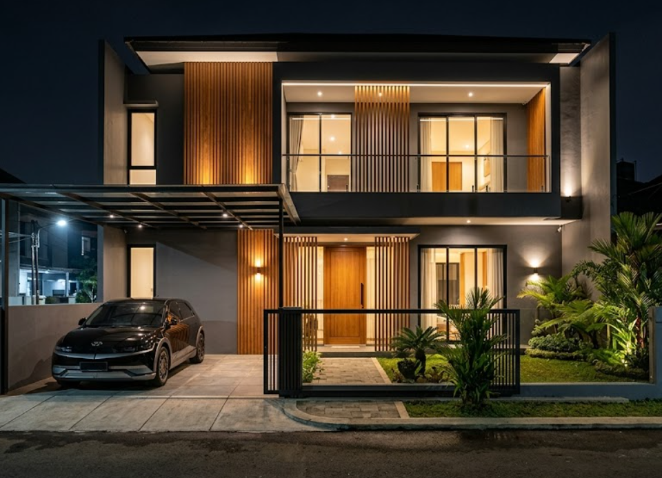fasad depan renovasi rumah 6x12 meter gaya modern tropis mewah