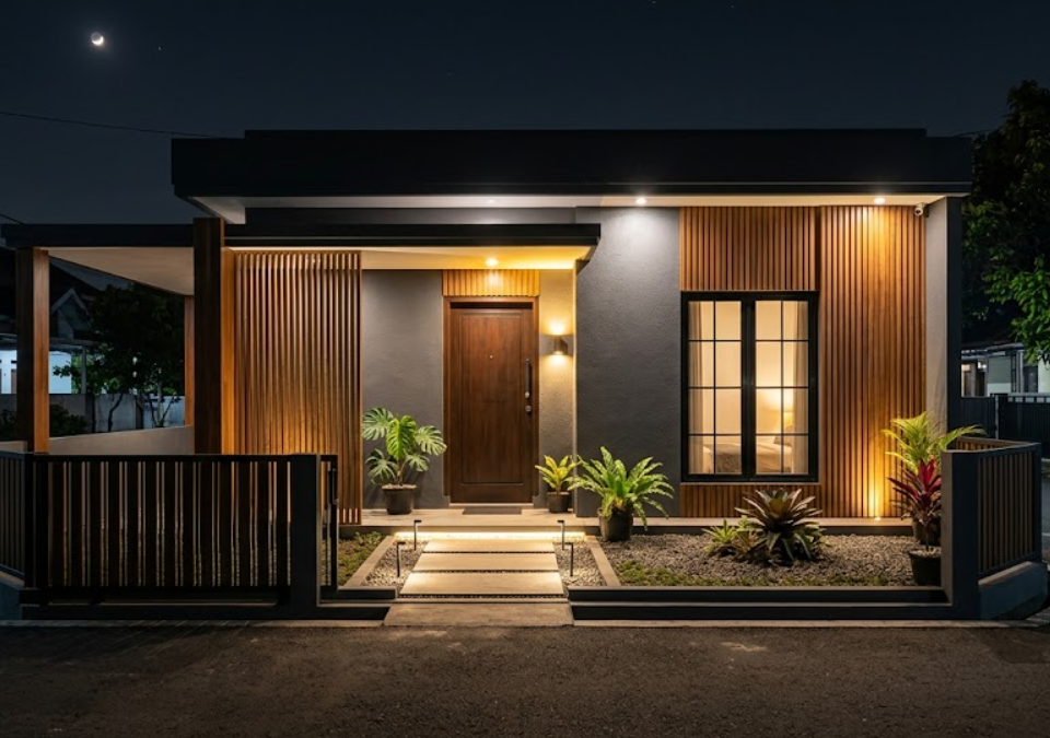fasad depan renovasi rumah 6x12 meter gaya modern tropis mewah
