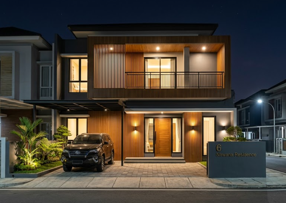 fasad depan renovasi rumah 6x12 meter gaya modern tropis mewah