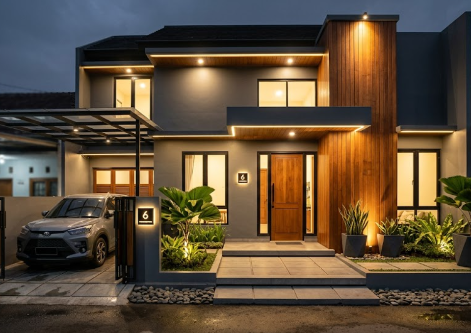 fasad depan renovasi rumah 6x12 meter gaya modern tropis mewah