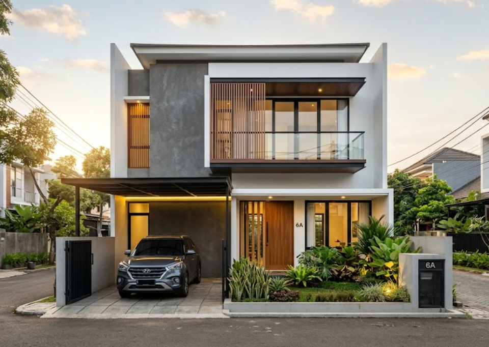 renovasi rumah 7x15 meter dengan fasad modern industrial yang mewah.