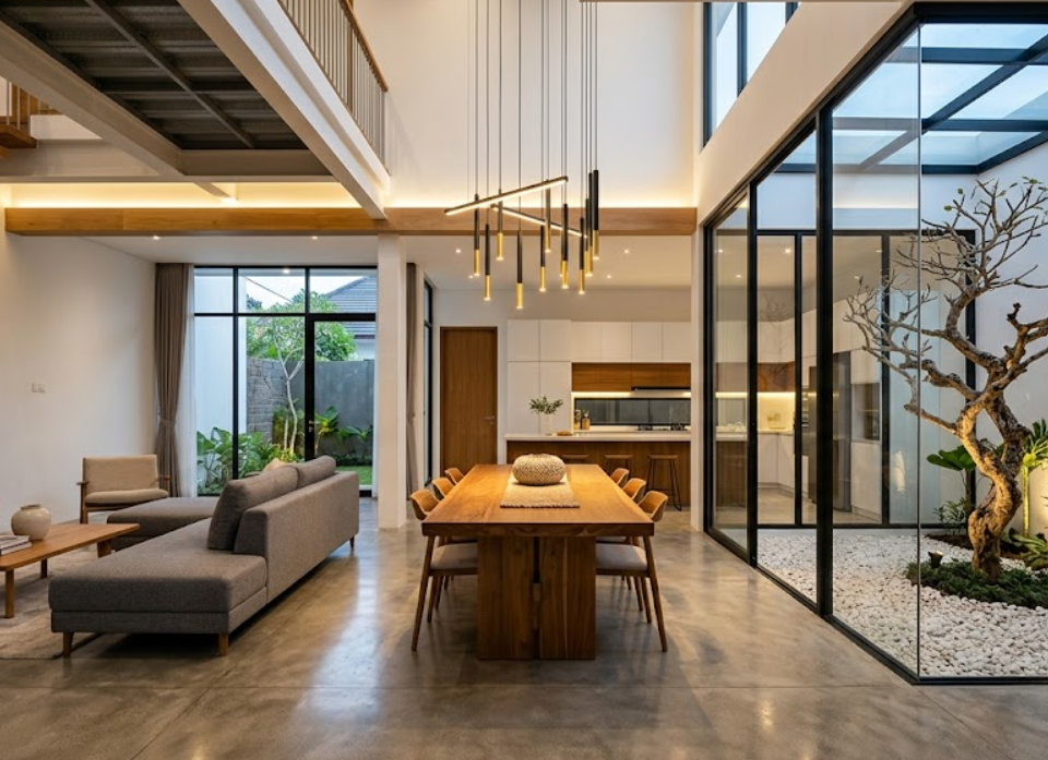 Layout interior open space untuk renovasi rumah 7x15 meter agar terlihat luas