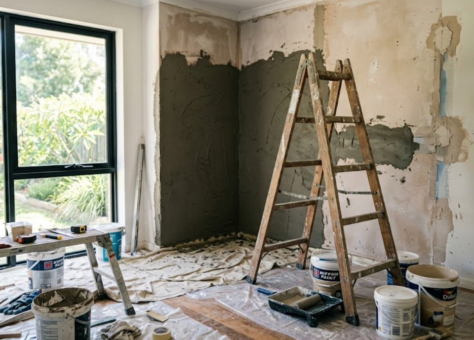 Renovasi rumah hemat biaya dengan teknik pengecatan ulang dinding ruang tamu.