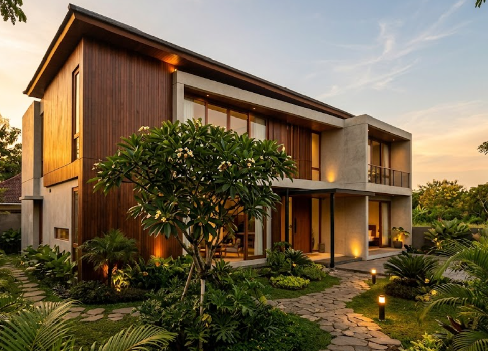 rumah sehat nyaman dengan desain modern tropis dan pencahayaan alami yang optimal.