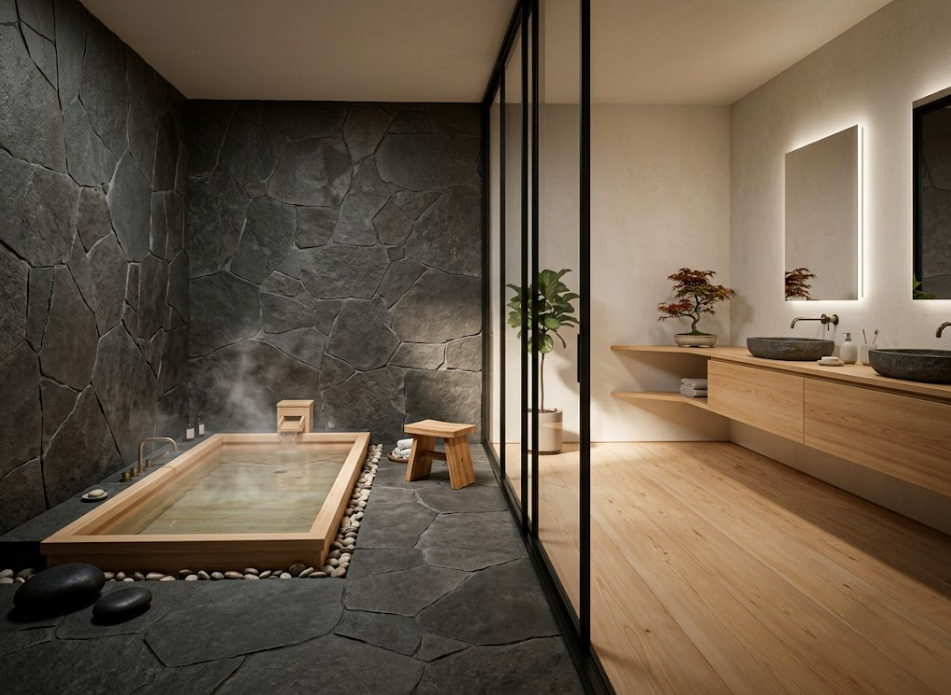 Renovasi kamar utama dengan fasilitas onsen pribadi di kamar mandi utama.