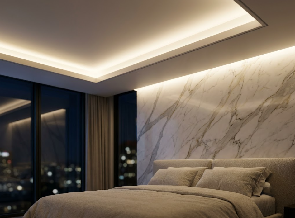 Detail plafon up down dan lampu LED strip pada renovasi kamar utama.