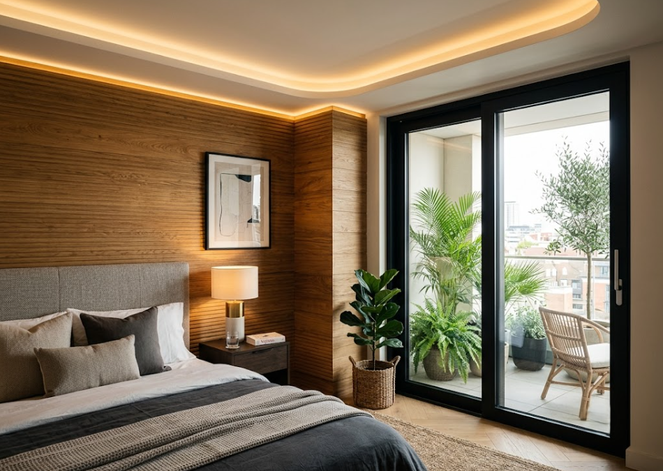 Desain kamar utama minimalis modern dengan pencahayaan alami dan lantai kayu.
