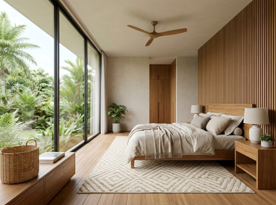Desain kamar utama minimalis modern dengan pencahayaan alami dan lantai kayu.