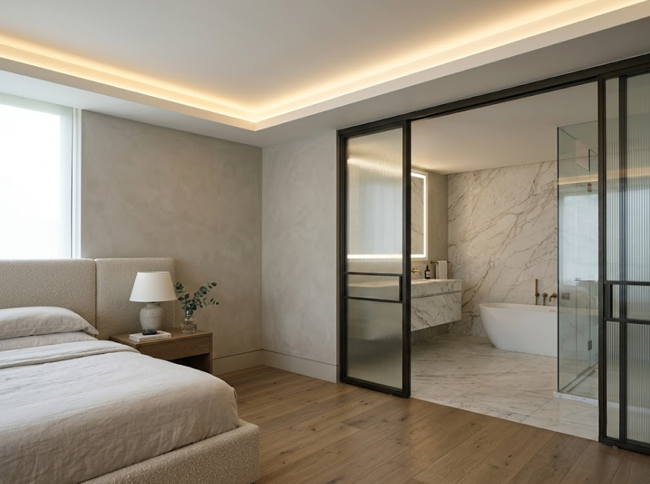 Interior kamar utama dengan plafon up-down yang terhubung ke kamar mandi utama.