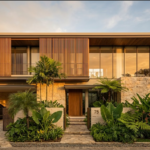 Desain bangun rumah tropis modern dengan fasad kayu dan batu alam.