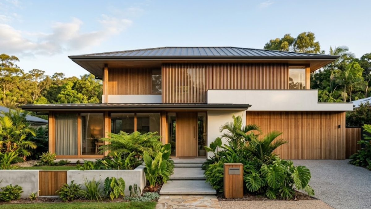 Desain bangun rumah tropis modern dengan fasad kayu dan batu alam.