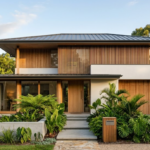 Desain bangun rumah tropis modern dengan fasad kayu dan batu alam.