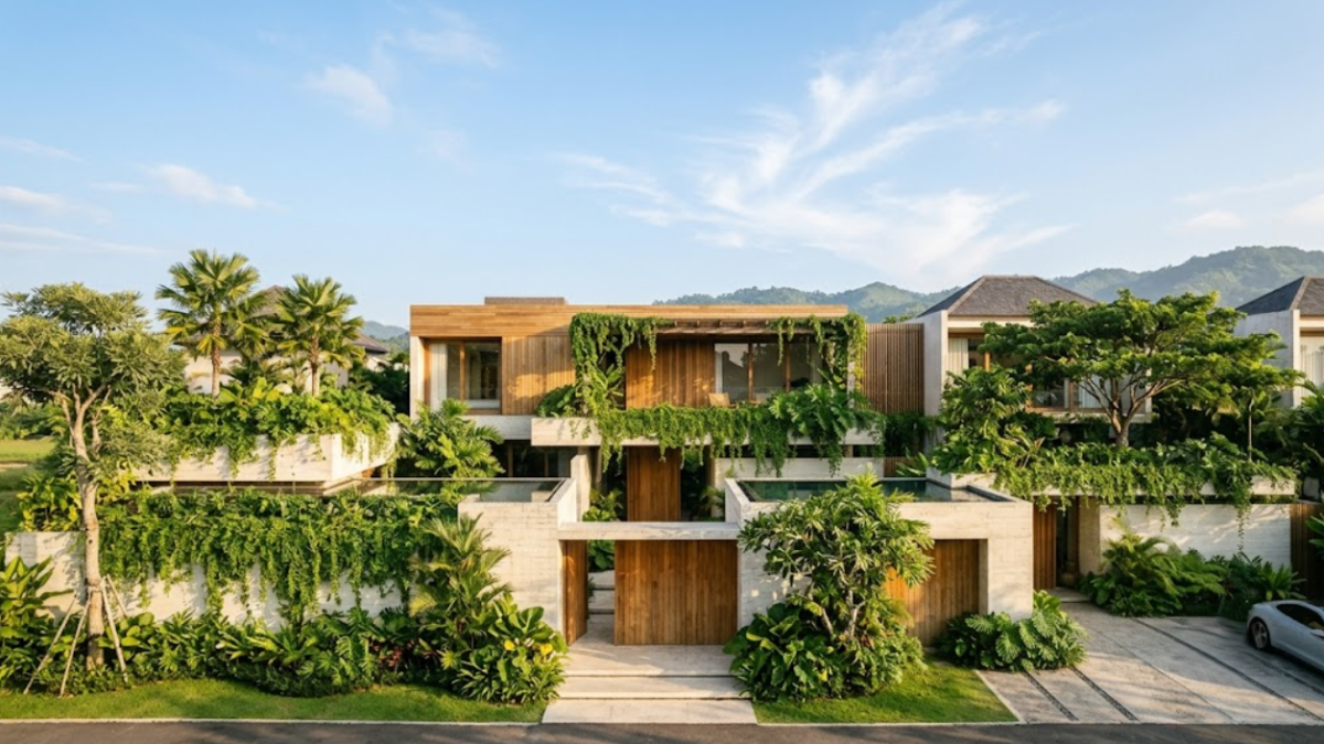 Desain bangun rumah tropis modern dengan fasad kayu dan batu alam.