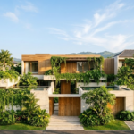 Desain bangun rumah tropis modern dengan fasad kayu dan batu alam.