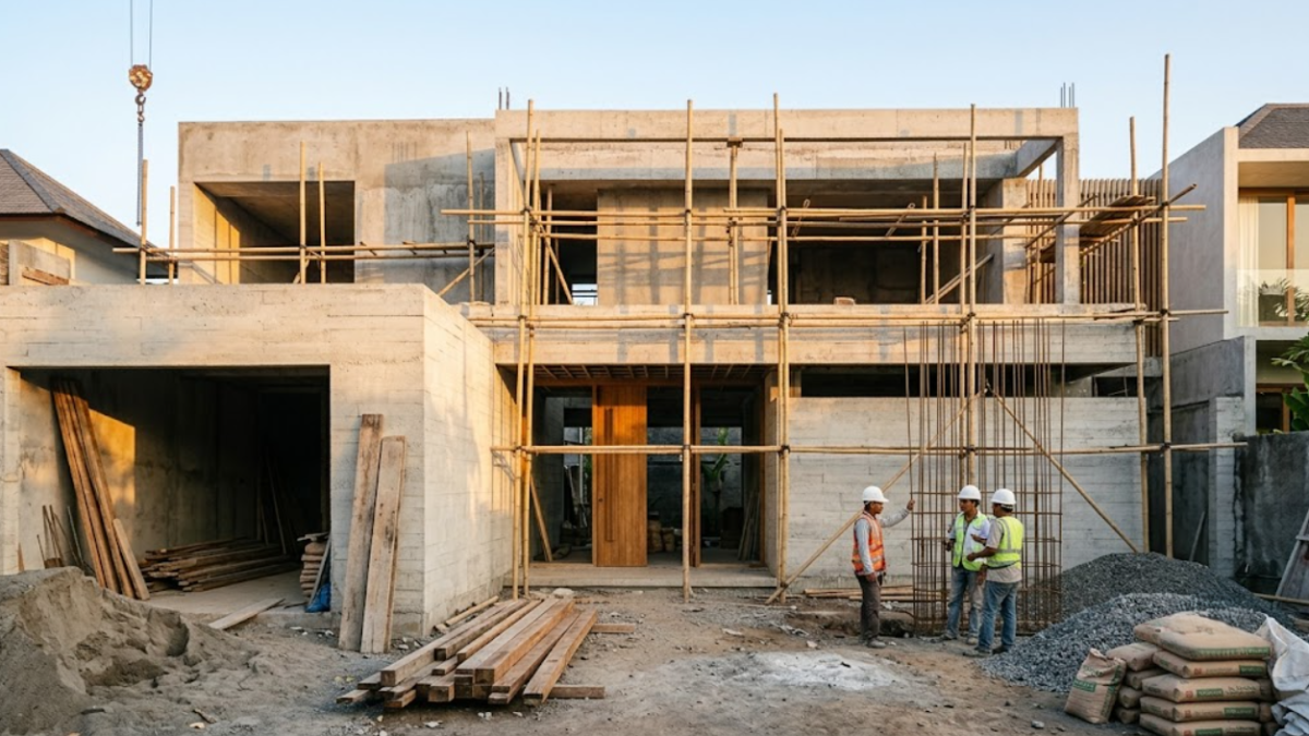 Desain bangun rumah tropis modern dengan fasad kayu dan batu alam.