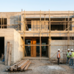 Desain bangun rumah tropis modern dengan fasad kayu dan batu alam.