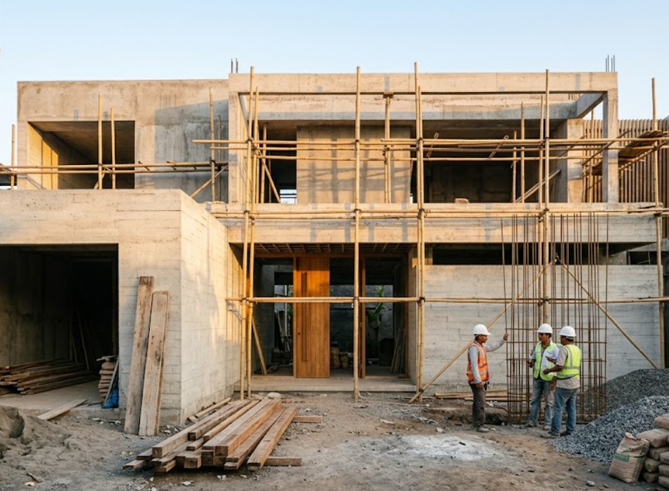 Desain bangun rumah tropis modern dengan fasad kayu dan batu alam.