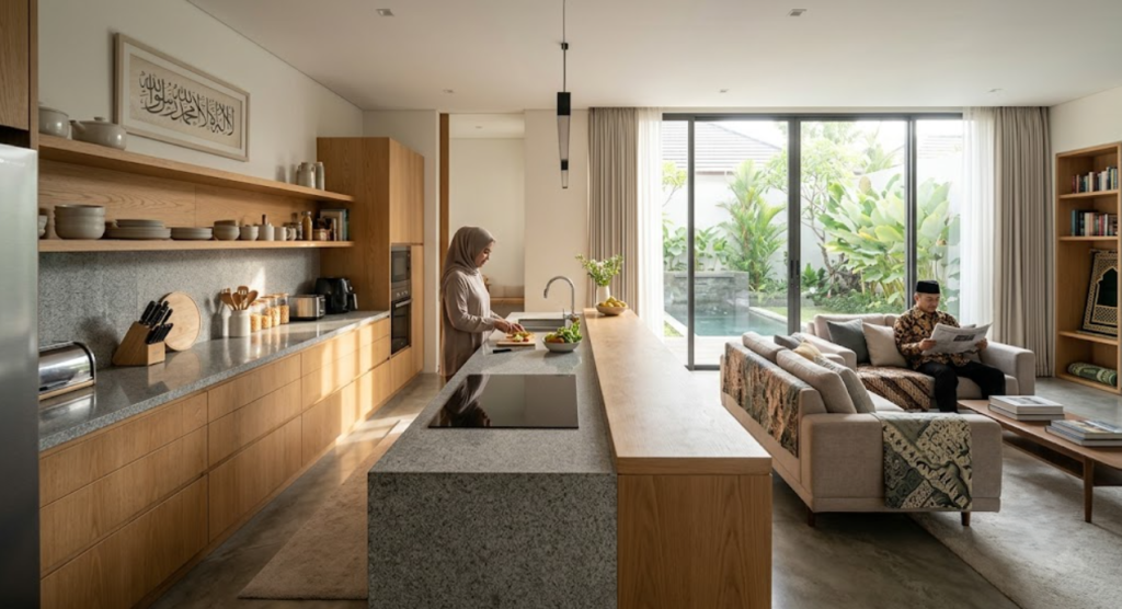 Desain bangun rumah yang memaksimalkan area outdoor untuk bersantai.