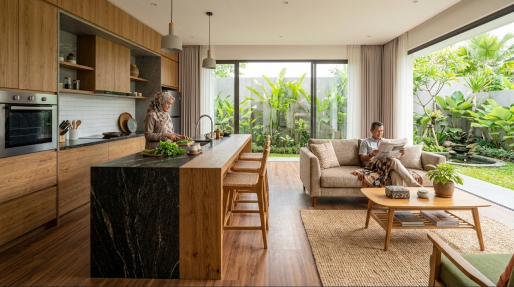 Desain bangun rumah yang memaksimalkan area outdoor untuk bersantai.