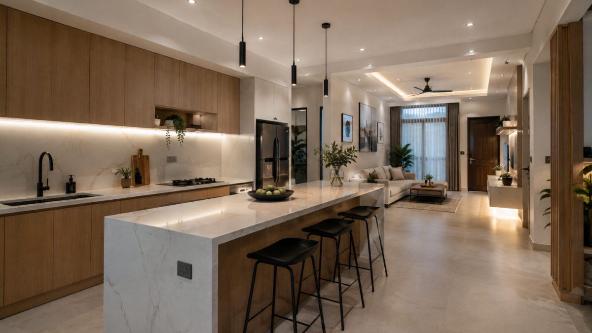 Arsiteku desain bangun interior dapur Japandi modern dengan tata letak ergonomis.