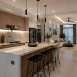 Arsiteku desain bangun interior dapur Japandi modern dengan tata letak ergonomis.