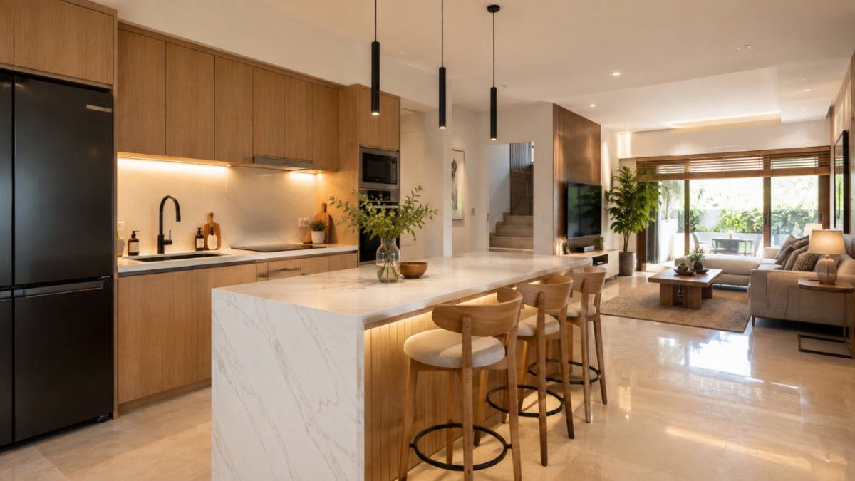 Arsiteku desain bangun interior dapur Japandi modern dengan tata letak ergonomis.