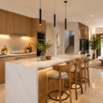 Arsiteku desain bangun interior dapur Japandi modern dengan tata letak ergonomis.