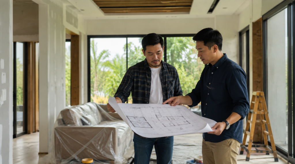 arsiteku renovasi rumah dan diskusi perencanaan denah bersama profesional.