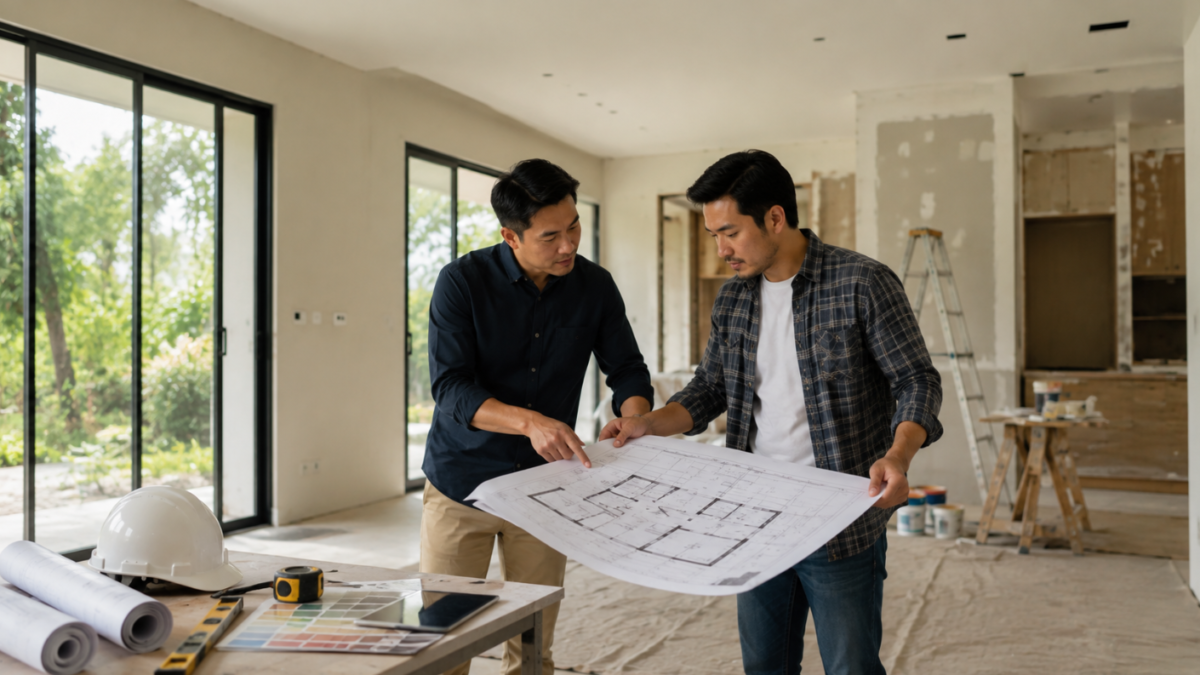 arsiteku renovasi rumah dan diskusi perencanaan denah bersama profesional.