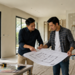arsiteku renovasi rumah dan diskusi perencanaan denah bersama profesional.